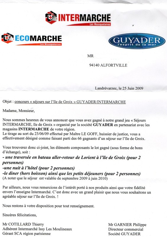 exemple de lettre gagnant d'un concours